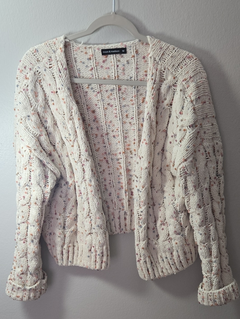 moon & madison Cream Speckled Cable Knit Cardigan with Pink & Tan Flecks